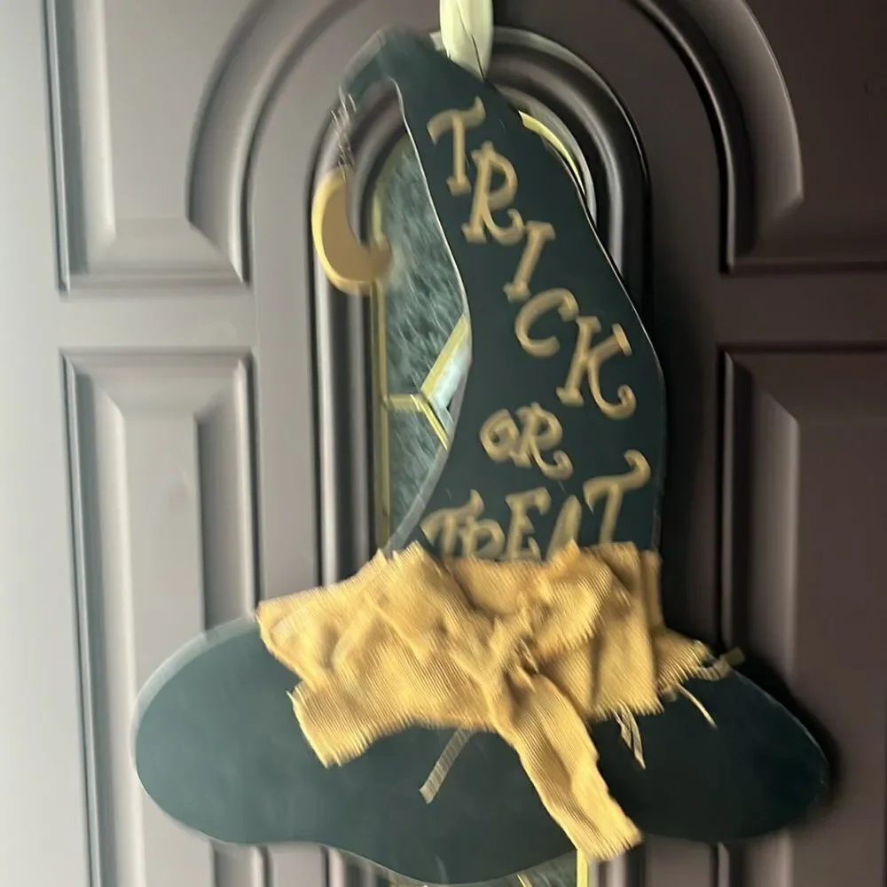 Halloween Farmhouse Black Wood Witch Hat Hanging “Trick or Treat” Decor-21”by17”